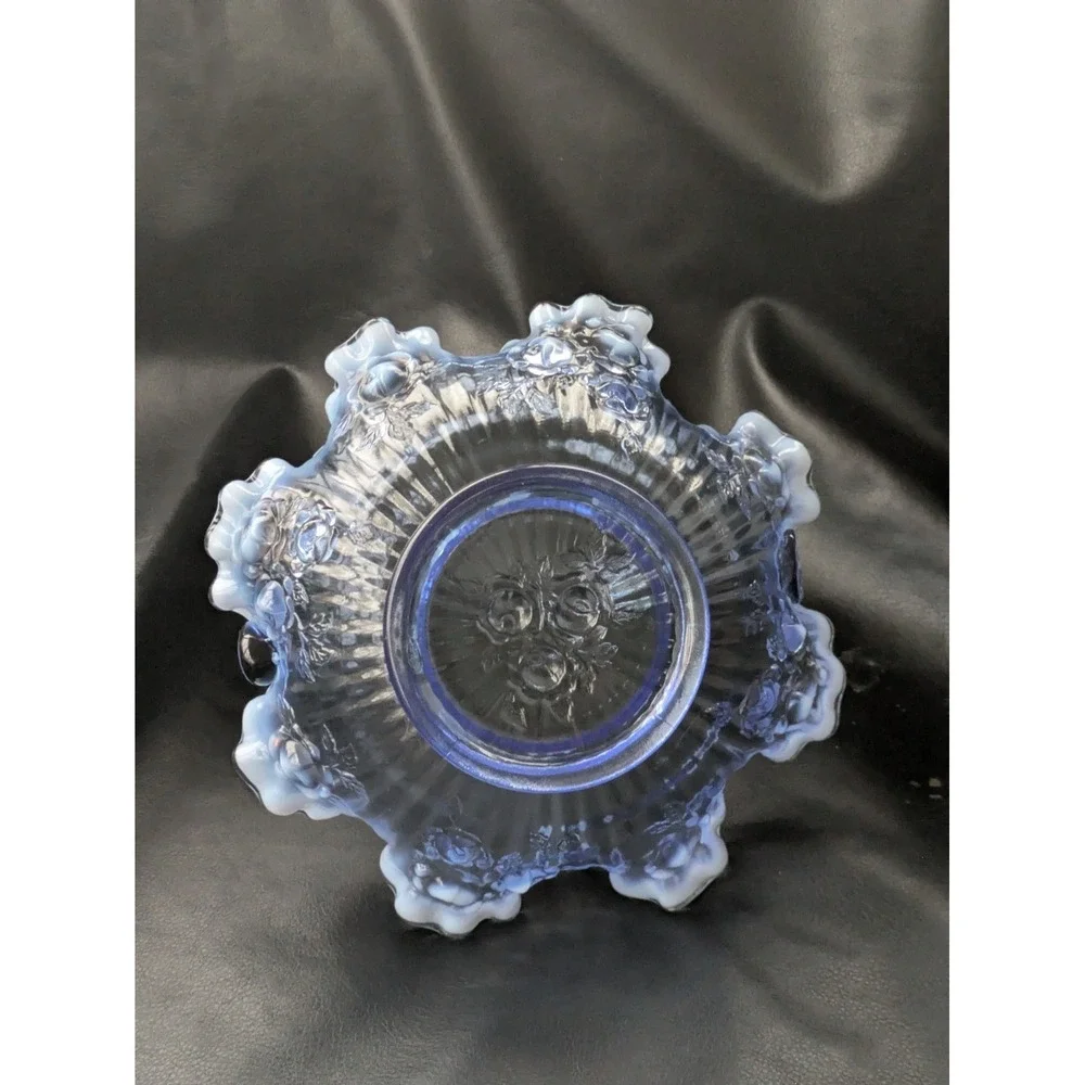 Fenton Glass Bride Basket Raffled Lavender Blue Opalescent Cabbage Rose 7.5 Inch
